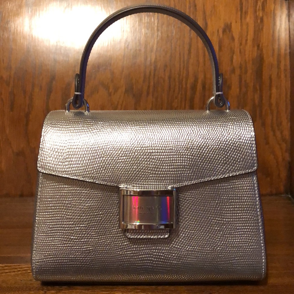 NWT-Kate Spade-Lizard-Embossed-Katy Small Top Handle Bag-Silver-$398
